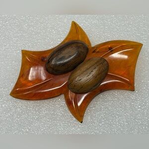 Vintage Mid Century Lucite & Carved Wood Statement Brooch Large Abstract Leaf